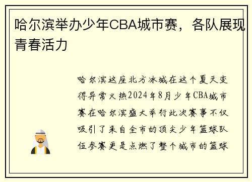 哈尔滨举办少年CBA城市赛，各队展现青春活力