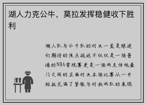 湖人力克公牛，莫拉发挥稳健收下胜利
